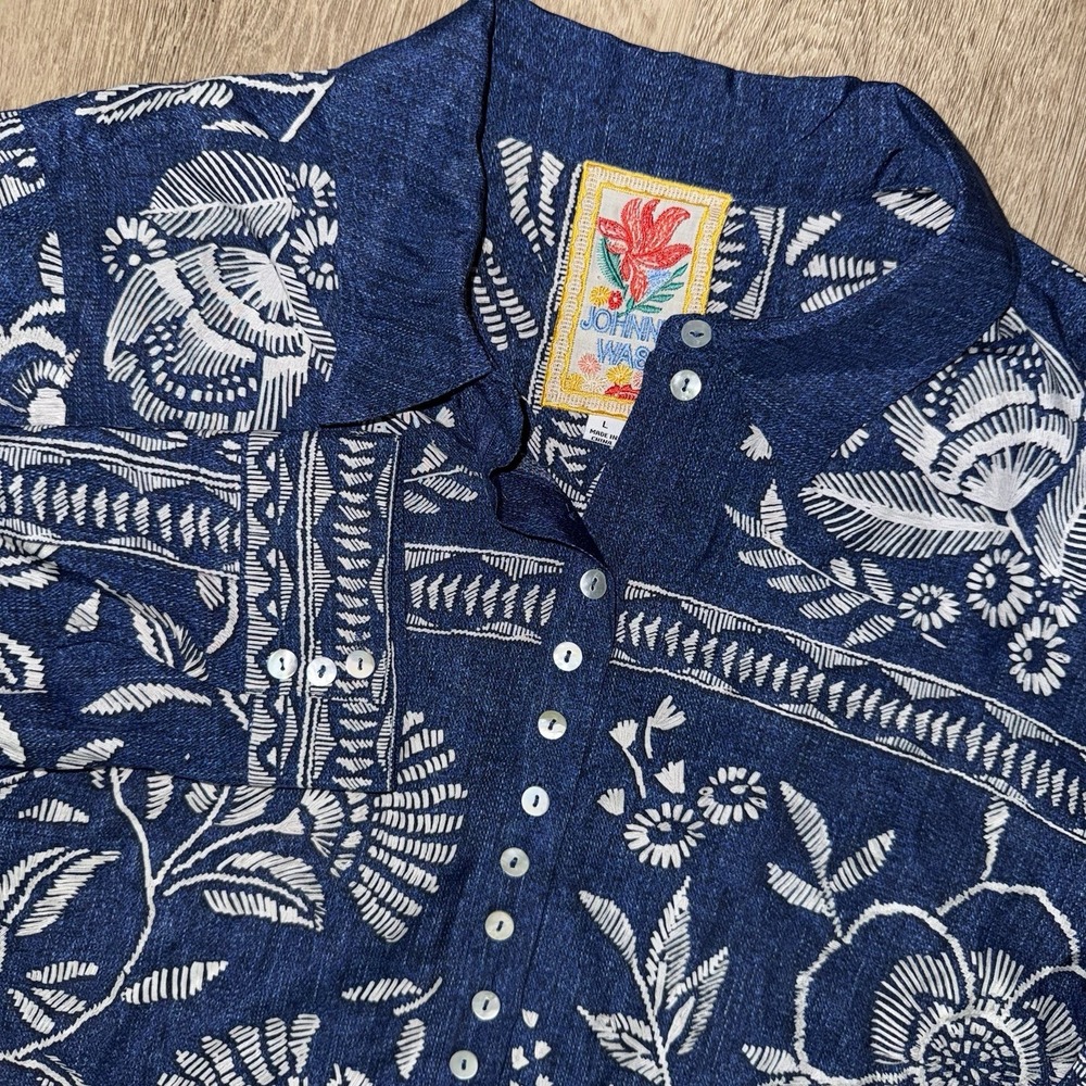 Johnny Was Vaelis Button Detail Shirt Blue Silk Blend Women L Floral Long Sleeve
